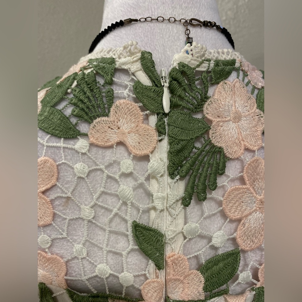 Shoshanna Green and Cream Floral Lace Midi Dress Women's Roseia Cocktail Size 4 - Picture 7 of 11